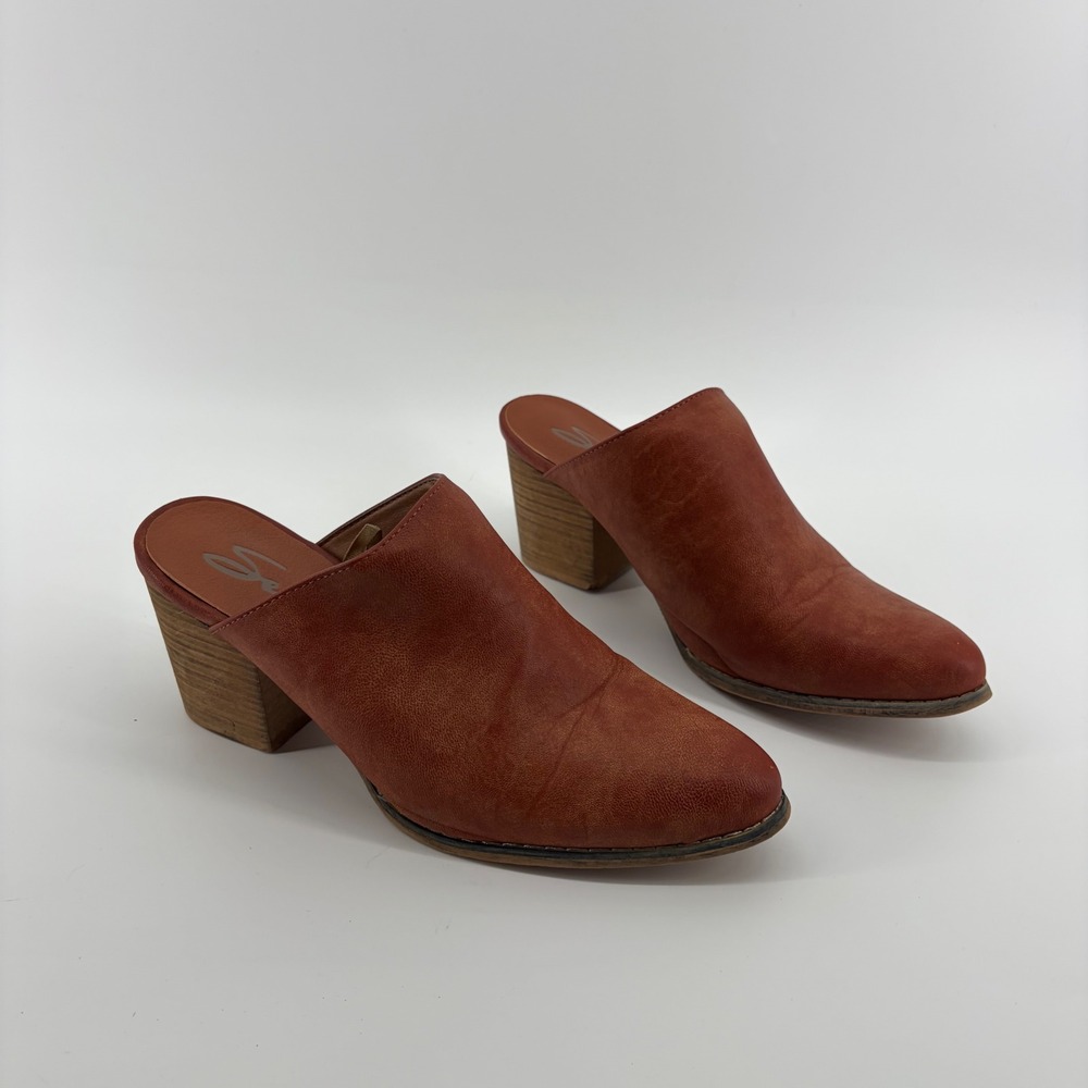 Seven7 Mules Cognac Brown Womens 10 Block Heel Pointed Toe Faux Leather Slip On